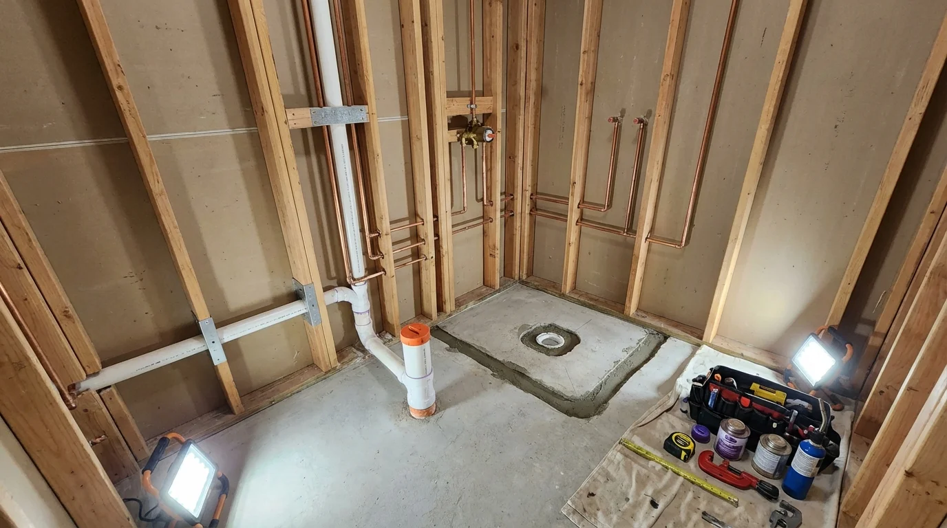 Bathroom rough-in plumbing during remodel by Johns Plumbing LLC in Lambertville