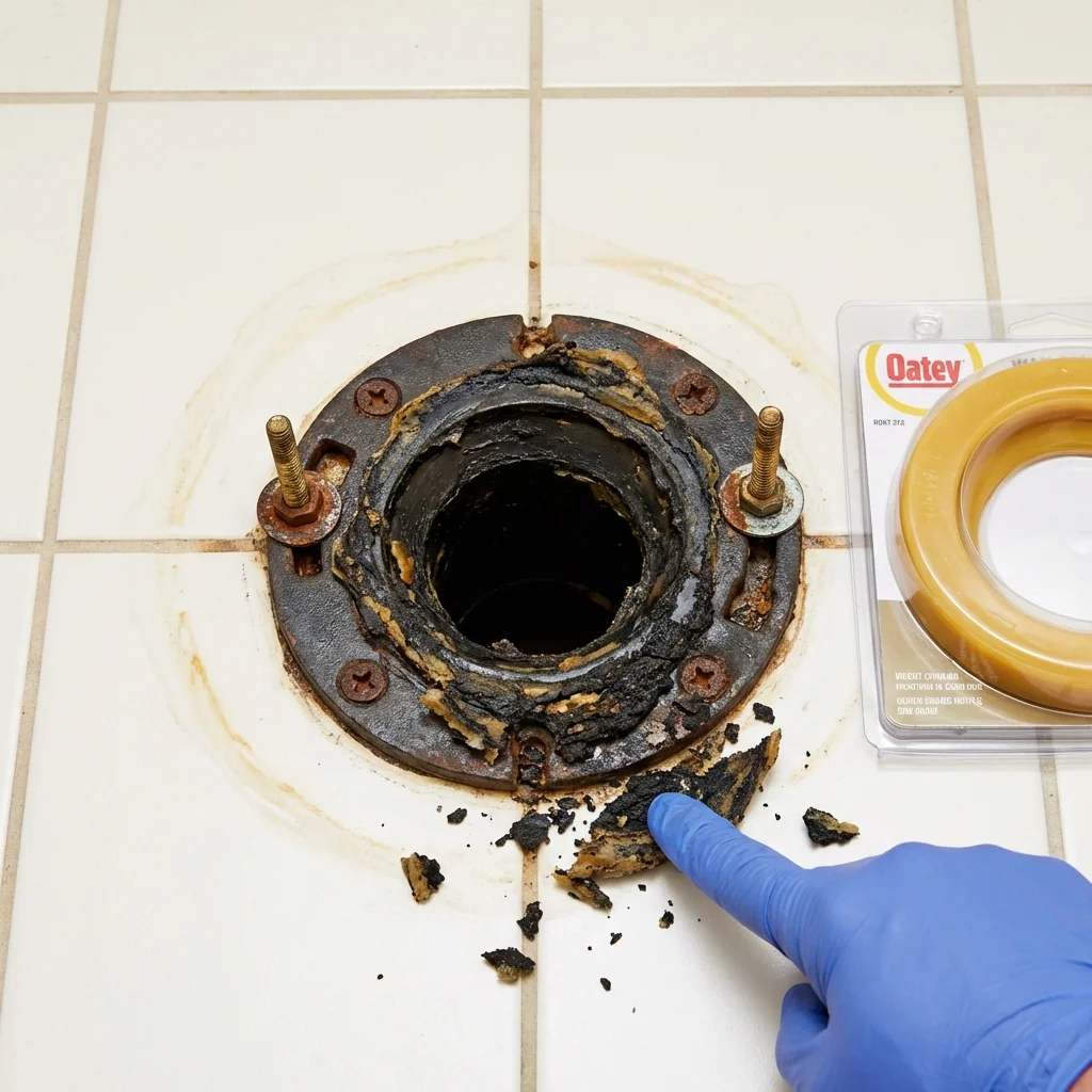 Failed wax ring showing water seepage at the base of a toilet in a Lambertville, NJ home
