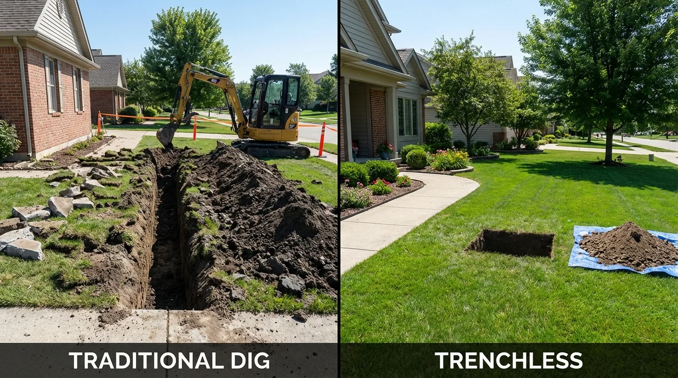Trenchless sewer repair with minimal yard damage versus traditional excavation in Lambertville, NJ