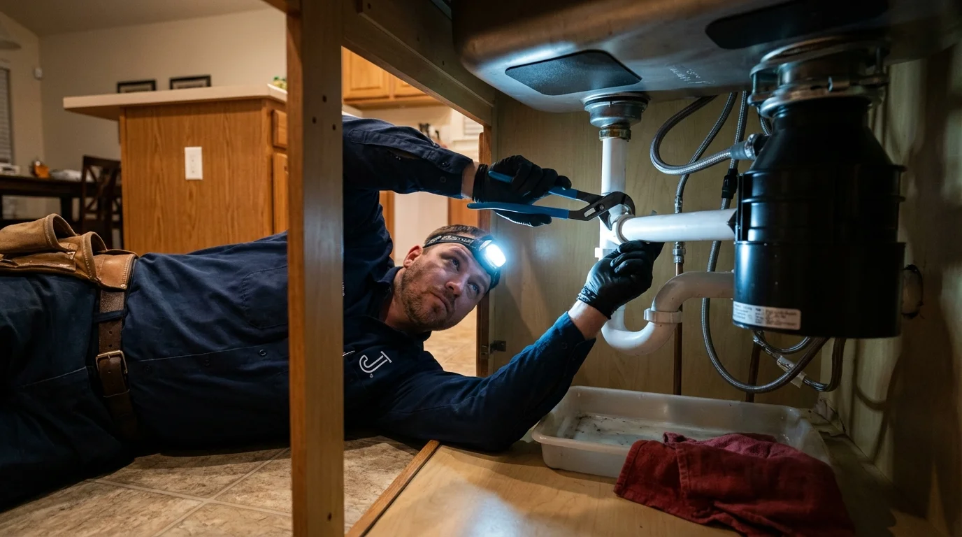 P-trap and supply line connections under a kitchen sink showing a common leak point in Lambertville, NJ